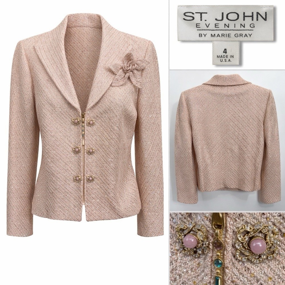 St. John Evening by Marie Gray Blush Embroidered Sequin jacket‎ Cardigan Size 4